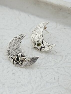 MOON STARS HANDMADE EARRINGS WITH CUBIC ZIRCONIA ABOUT 1.5" STERLING SILVER POST